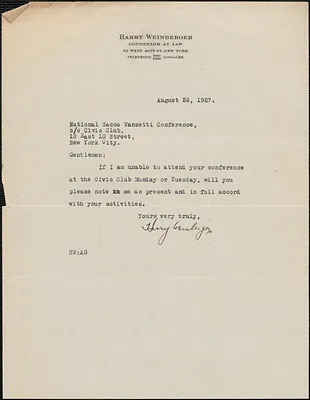 Harry Weinberger typed note signed to National Sacco and Vanzetti Conference, New York. N. Y., August 26, 1927
