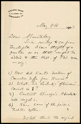 James, William, 1842-1910 autograph letter signed to Hugo Münsterberg, Vergennes, Vt., 9 May 1903