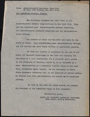 Rose Baron (Sacco-Vanzetti Emergency Committee) press release, New York, N. Y., approximately [August 3-7, 1927]