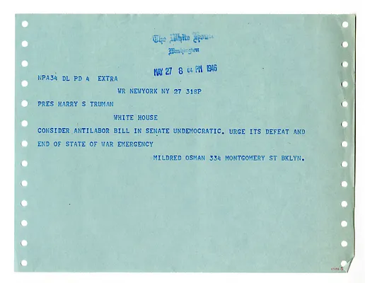 Telegram from Mildred Osman to President Harry S. Truman
