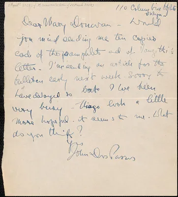 John Dos Passos autograph letter signed to Mary Donovan, Brooklyn, N.Y., [April? 1927]