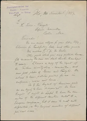 V. Heggland (Forsvarskomtien for Sacco-Vanzetti) autograph letter signed to Sacco-Vanzetti Defense Committee), Oslo, Norway, November 1, 1927