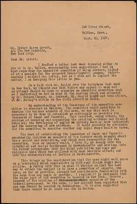[Thomas O'Connor] typed letter (copy) to Robert Morss Lovett (The New Republic), Waltham, Mass., September 20, 1927