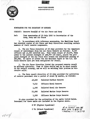 Memorandum from Major General Patrick Timberlake to Secretary of Defense Louis Johnson