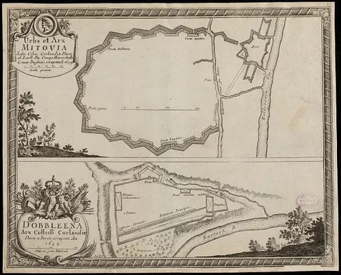 Urbs et arx Mitovia sedes celsis. Curlandiae Ducis ab Exell. Dn. Campi Mareschallo Comite Duglasio occupata A. 1659 ; Dobbleena arx cellciss. Curlandiae ducis a suecis occupata an. 1659
