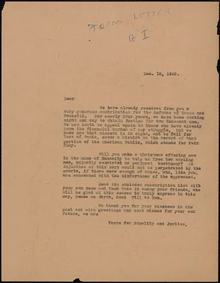 Sacco-Vanzetti Defense Committee typed note (circular), Boston, Mass., December 15, 1923