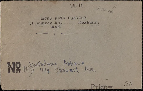 Envelope from Jacks Foto Service, Roxbury, Mass., to Wilhelmina Anderson, August 11