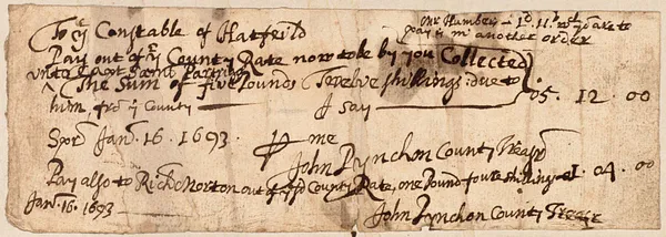 County rate paid to Samuel Partridge and Richard Norton, signed by John Pynchon, 1693