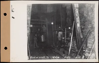 Contract No. 12, Sinking Shafts 2 (Holden), 3 (Holden), and 4 (Rutland) for Wachusett-Coldbrook Tunnel, foot of Shaft 3, Holden, Mass., Mar. 15, 1928