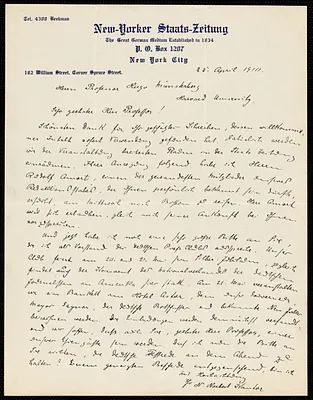 Kantor, N. Norbert, fl.1910 autograph letter signed to Hugo Münsterberg, New York, 25 April 1910