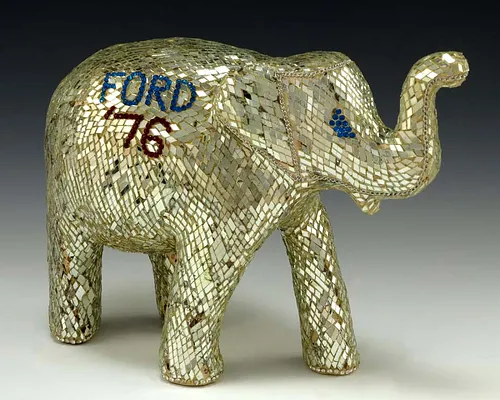 Elephant Sculpture Covered With Tiny, Diamond-Shaped Mirror Plates