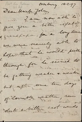 Robert Martin Holland autograph letter signed to [John Biddulph Martin, Tewkesbury, England], February 18, 1897
