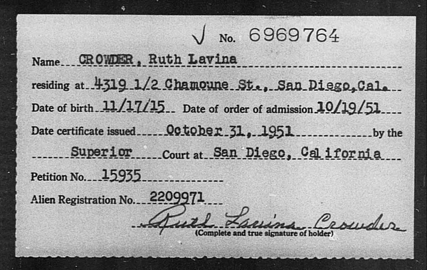 Crowder, Ruth Lavina - 1951