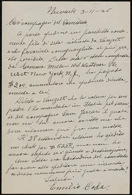 Emilio Coda autograph letter signed, in Italian, to Sacco-Vanzetti Defense Committee, Newark, N.J., November 3, 1925