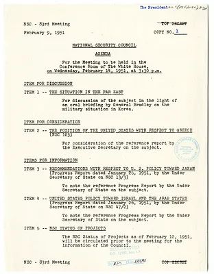 Agenda for the Eighty-Third Meeting of the National Security Council