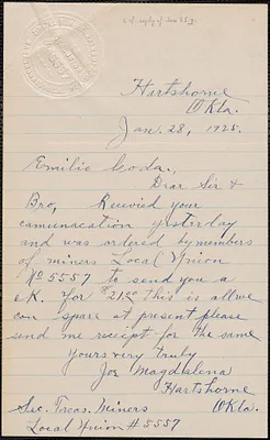 Joe Magadalena autograph note signed to Emilio Coda, Hartshorne, Okla., January 28, 1925