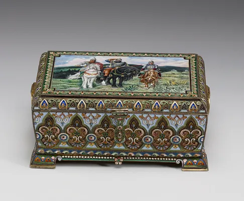 Casket with miniature: The Three Bogatyrs
