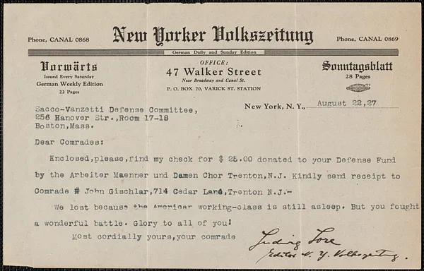 Ludwig Lore (New Yorker Volkszeitung) typed note signed to Sacco-Vanzetti Defense Committee, New York, N.Y., August 22, 1927