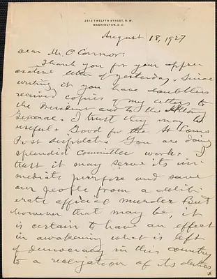 Louis F. Post autograph letter signed to [Thomas] O'Connor (Citizens National Committee for Sacco and Vanzetti), Washington, D. C., August 18, 1987