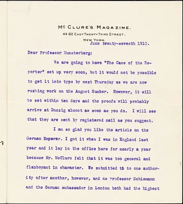 Cather, Willa Sibert, 1873-1947 typed letter signed to Hugo Münsterberg, New York, 27 June 1910