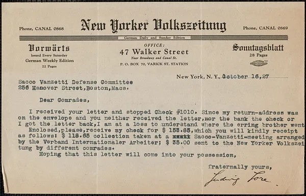 Ludwig Lore (New Yorker Volkszeitung) typed note signed to Sacco-Vanzetti Defense Committee, New York, N. Y., October 16, 1927