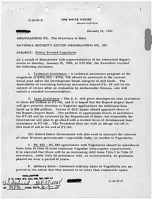 National Security Action Memorandum No. 123 Policy Toward Yugoslavia