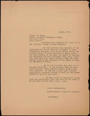 Sacco-Vanzetti Defense Committee typed letter (copy) Robert W. Dunn (Sacco-Vanzetti Emergency Committee), May 22, 1927