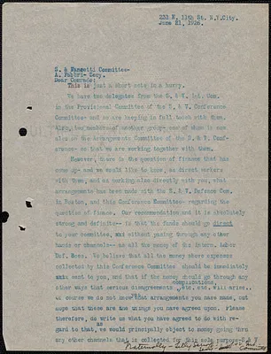 Lilly Sarnoff typed letter signed to Amleto Fabbri (Sacco-Vanzetti Defense Committee), New York, N.Y., June 21, 1926