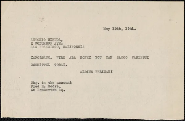Aldino Felicani telegram (copy) to Antonio Niedda, Boston, Mass., May 19, 1921