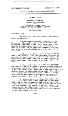 Exchange of Remarks Between the President and William R. Tolbert, Jr., President of the Republic of Liberia [Ford Speech or Statement]