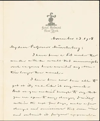 Bok, Edward William, 1863-1930 autograph letter signed to Hugo Münsterberg, New York, 23 November 1908