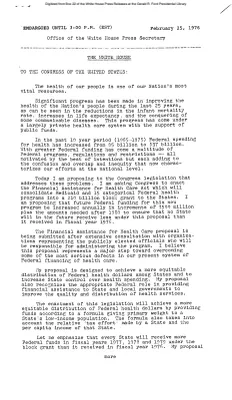 President's Letter to Congress proposing legislation on health care