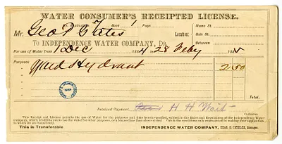 Bill from Independence Water Company to George P. Gates, Water Consumer's Receipted License