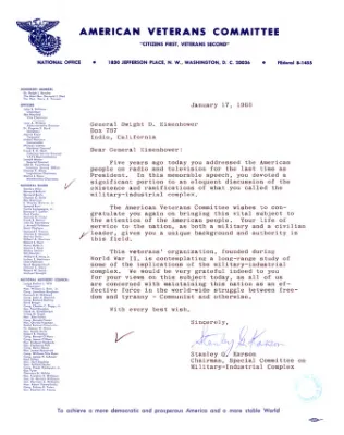 Letter from Stanley Karson to Dwight D. Eisenhower Regarding the Military-Industrial Complex