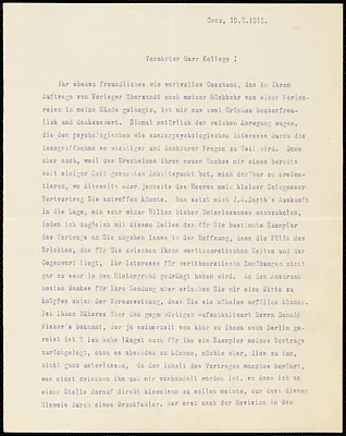 Meinong, A. (Alexius), 1853-1920. typed letter signed to Hugo Münsterberg, Graz, Aust., 19 October 1912