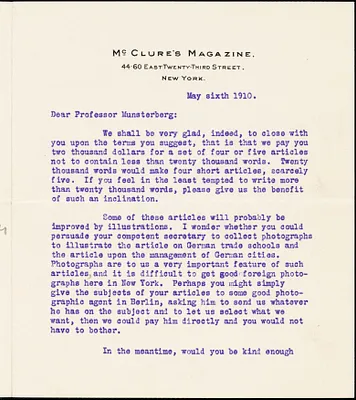 Cather, Willa Sibert, 1873-1947 typed letter signed to Hugo Münsterberg, New York, 6 May 1910
