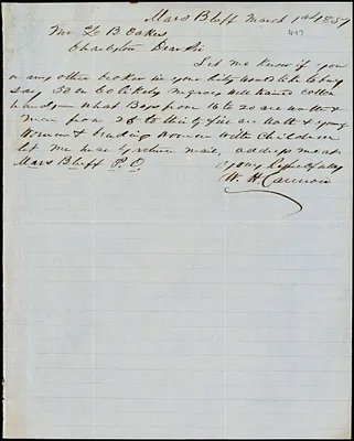 W.H. Cannon, Mars Bluff, S.C., autograph note signed to Ziba B. Oakes, 1 March 1857