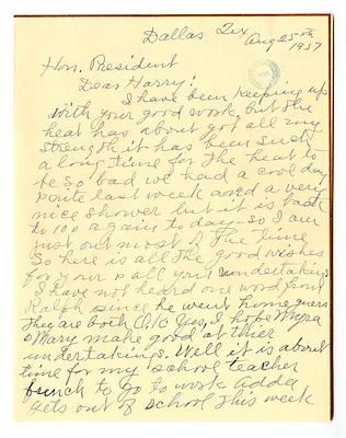 Letter from Grace Summer to Harry S. Truman