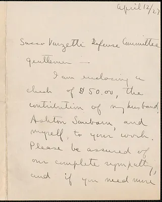 Agnes Goldman Sandborn autograph note signed to Sacco-Vanzetti Defense Committee, Boston, Mass., April 12, 1927