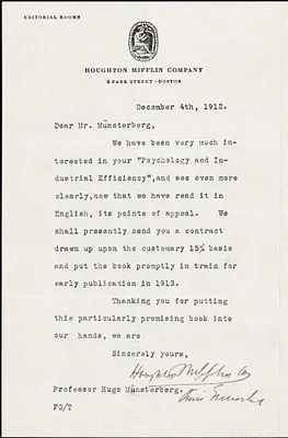 Greenslet, Ferris, 1875-1959 typed letter signed to Hugo Münsterberg, Boston, 4 December 1912