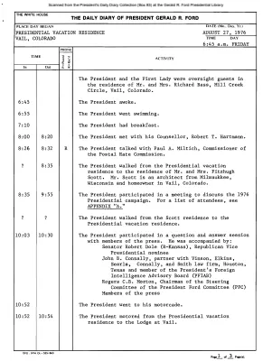 President Gerald R. Ford's Daily Diary, August 27, 1976