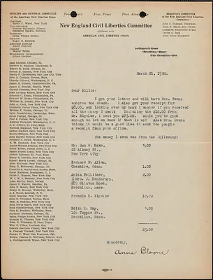 Anna Bloom (New England Civil Liberties Union) typed letter signed to Billie, Boston, Mass., March 21, 1924
