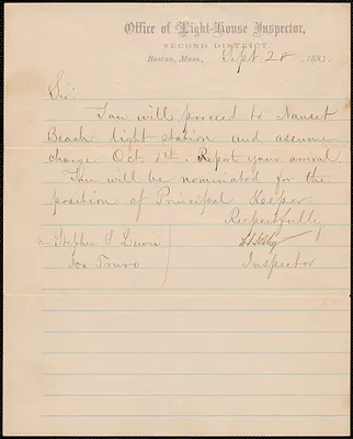 Transfer and appointment instructions letter from the Office of Light-House Inspector, Second District, to Stephen S. Lewis, 1883 September 28