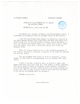 Press Release, Speech of President Harry S. Truman at The Alamo, San Antonio, Texas