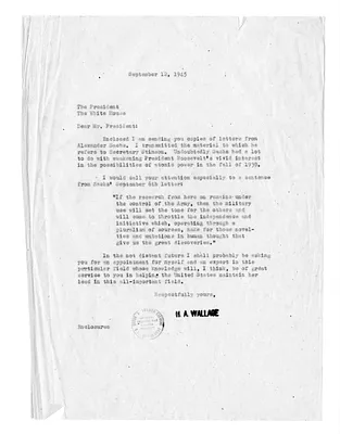 Letter from Secretary of Commerce Henry Wallace to President Harry S. Truman