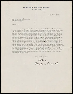 Klemin, Alexander, 1888- typed letter signed to Hugo Münsterberg, Boston, 28 July 1916