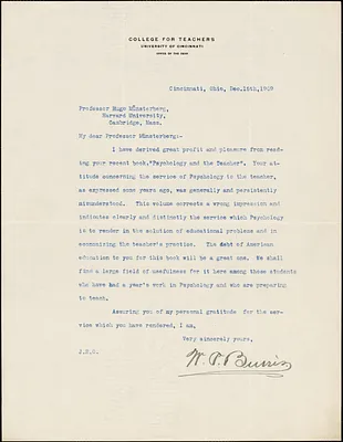 Burris, William Paxton, 1865- typed letter signed to Hugo Münsterberg, Cincinnati, Ohio, 15 December 1909