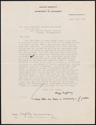 Allyn A. Young (Harvard University, Department of Economics) typed letter signed to Sacco-Vanzetti Defense Committee, Cambridge, Mass., April 22, 1927