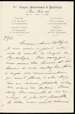 Janet, Pierre, 1859-1947 autograph letter signed to Hugo Münsterberg, Paris, 8 May 1900