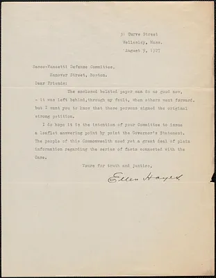 Ellen Hayes typed letter signed to Sacco-Vanzetti Defense Committee, Wellesley, Mass., August 9, 1927